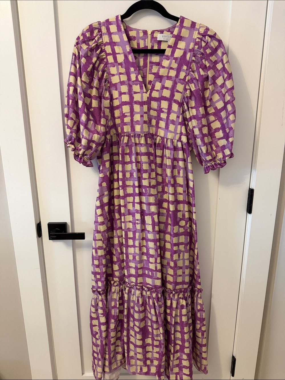HUNTER BELL Purple and Cream Checked Puff-Sleeve Midi Dress
